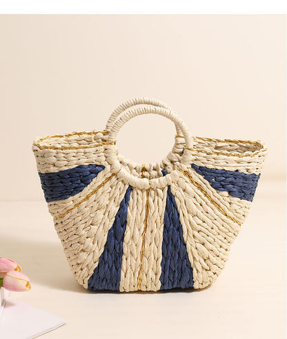 Golden Silk Thread Portable Straw Weaved Bag Large Capacity Tote Vegetable Basket Bag Vacation Beach Bag Hand Carrying Woven Bag