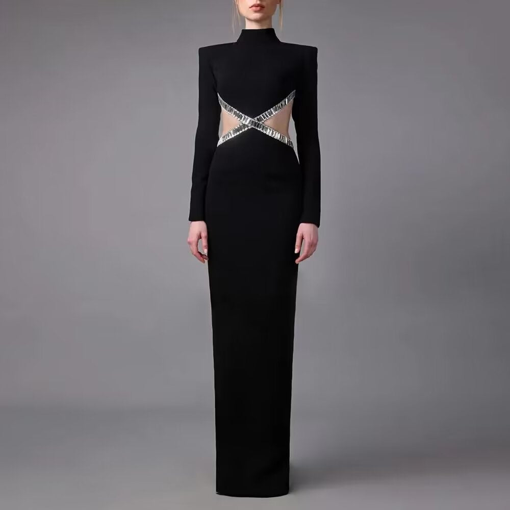 Autumn Sexy Hollow Out Cutout out Rhinestone Slim Fit Long Sleeve Bandage Dress Socialite Elegant Dress