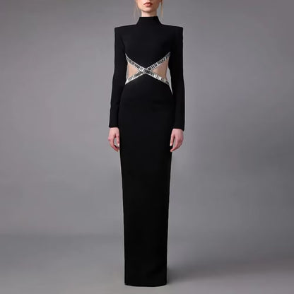 Autumn Sexy Hollow Out Cutout out Rhinestone Slim Fit Long Sleeve Bandage Dress Socialite Elegant Dress