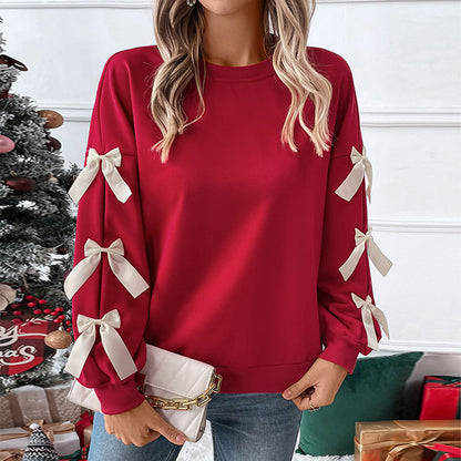 Autumn Winter Top Round Neck Bowknot Red Christmas Sweatshirt for Women