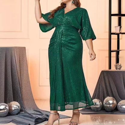 Plus Size Solid Color V neck High Waist Sequ Slim Loose Sleeves Cocktail Party Women Evening Dress