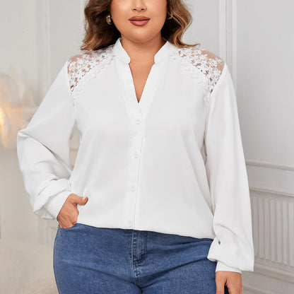 V Neck Lace Stitching Shirt Autumn Long Sleeve White Top