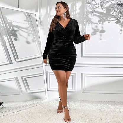 Plus Size Women Clothing French Velvet Long Sleeves Dress Autumn Winter Starry Sky Hip Bag Slim Fit Dress