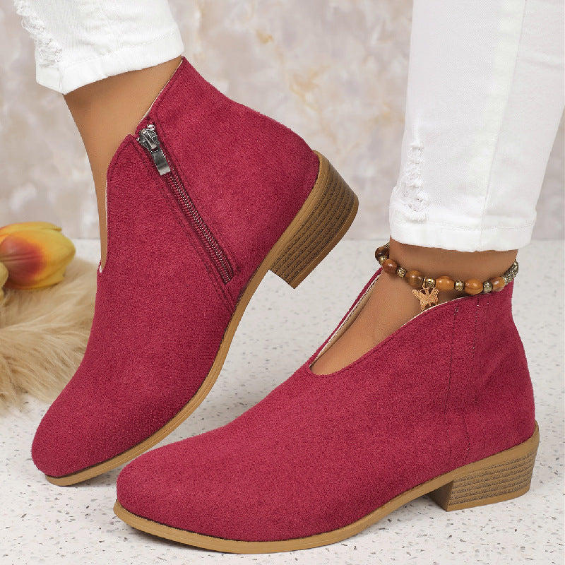 Autumn Winter Leopard Root Booties Side Zipper round Toe V Cut Suede Ankle Boots Women