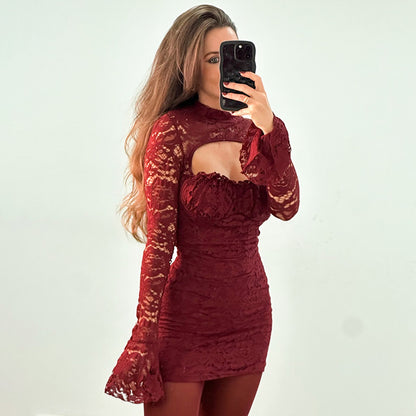 Women Clothing Lace Stitching Chest Hollow Out Cutout Flared Sleeve Waist Hip dress