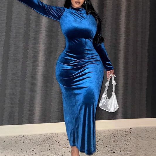 Plus Size Women Elegant Dignified Western Sheath Zipper Slit Long Sleeve Dress