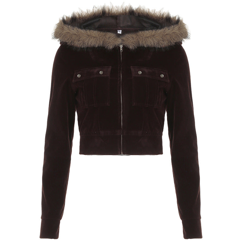 Women Fur Stitching Hooded Zip Cardigan Pocket Design Jacket Autumn Winter Solid Color Sexy Velvet Coat