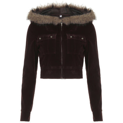 Women Fur Stitching Hooded Zip Cardigan Pocket Design Jacket Autumn Winter Solid Color Sexy Velvet Coat