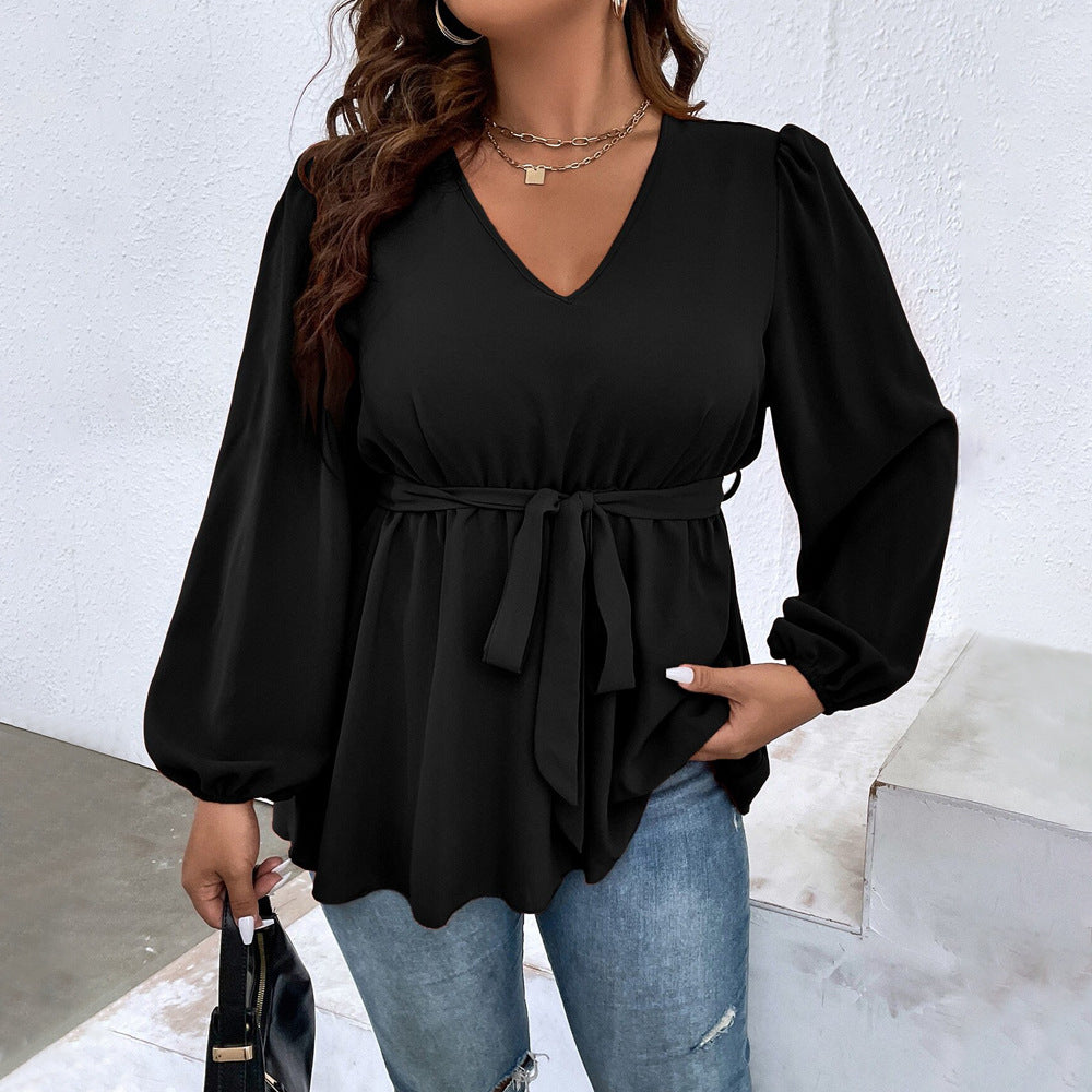 Plus Size Women Clothes V neck Lantern Sleeve T shirt Autumn Winter Elegant Slim Top