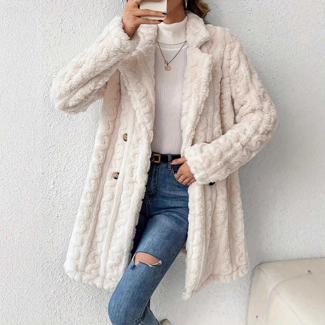 Twist Texture Double Sided Plush Mid Length Casual Cardigan Coat Women