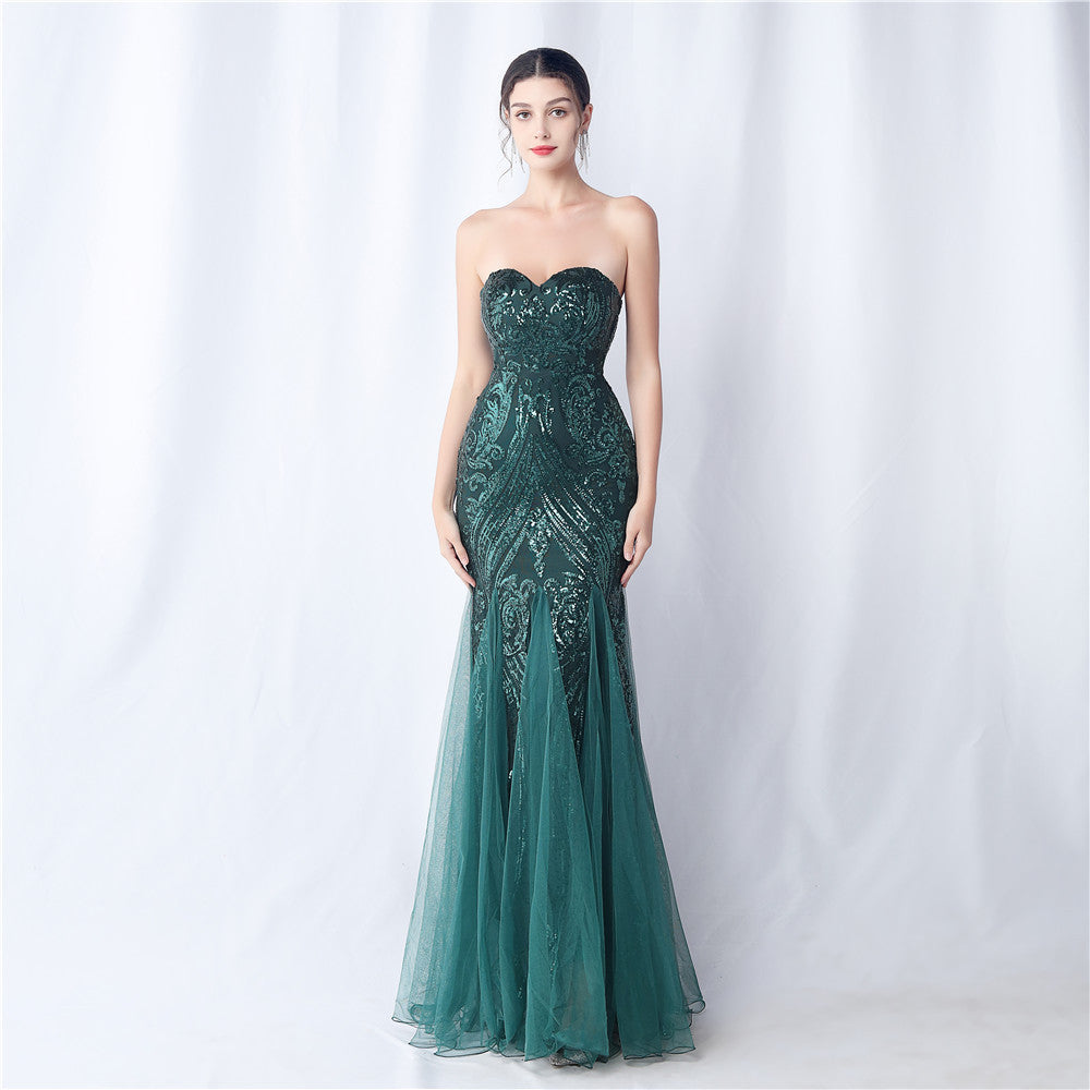 Floral Cutting Mesh Sequin Wedding Dinner Toast Annual Party Evening Dress