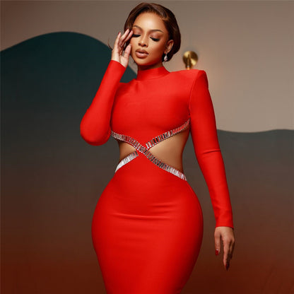 Autumn Sexy Hollow Out Cutout out Rhinestone Slim Fit Long Sleeve Bandage Dress Socialite Elegant Dress