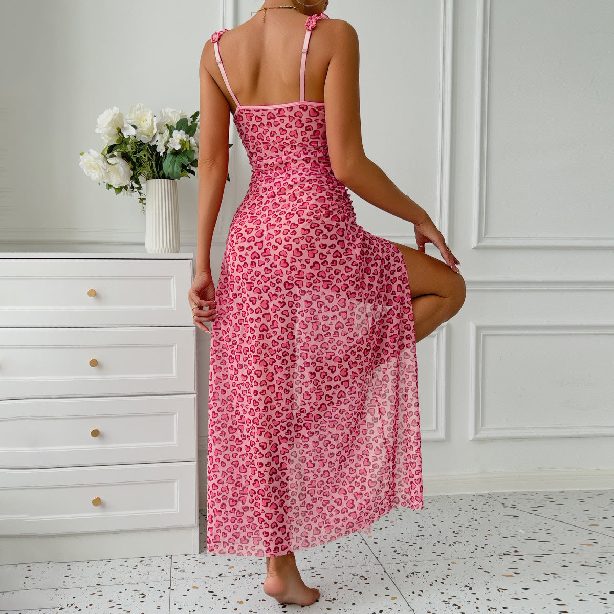 Sexy Home Suspender Skirt Pink Love Dress High Slit T Back Two Piece Set