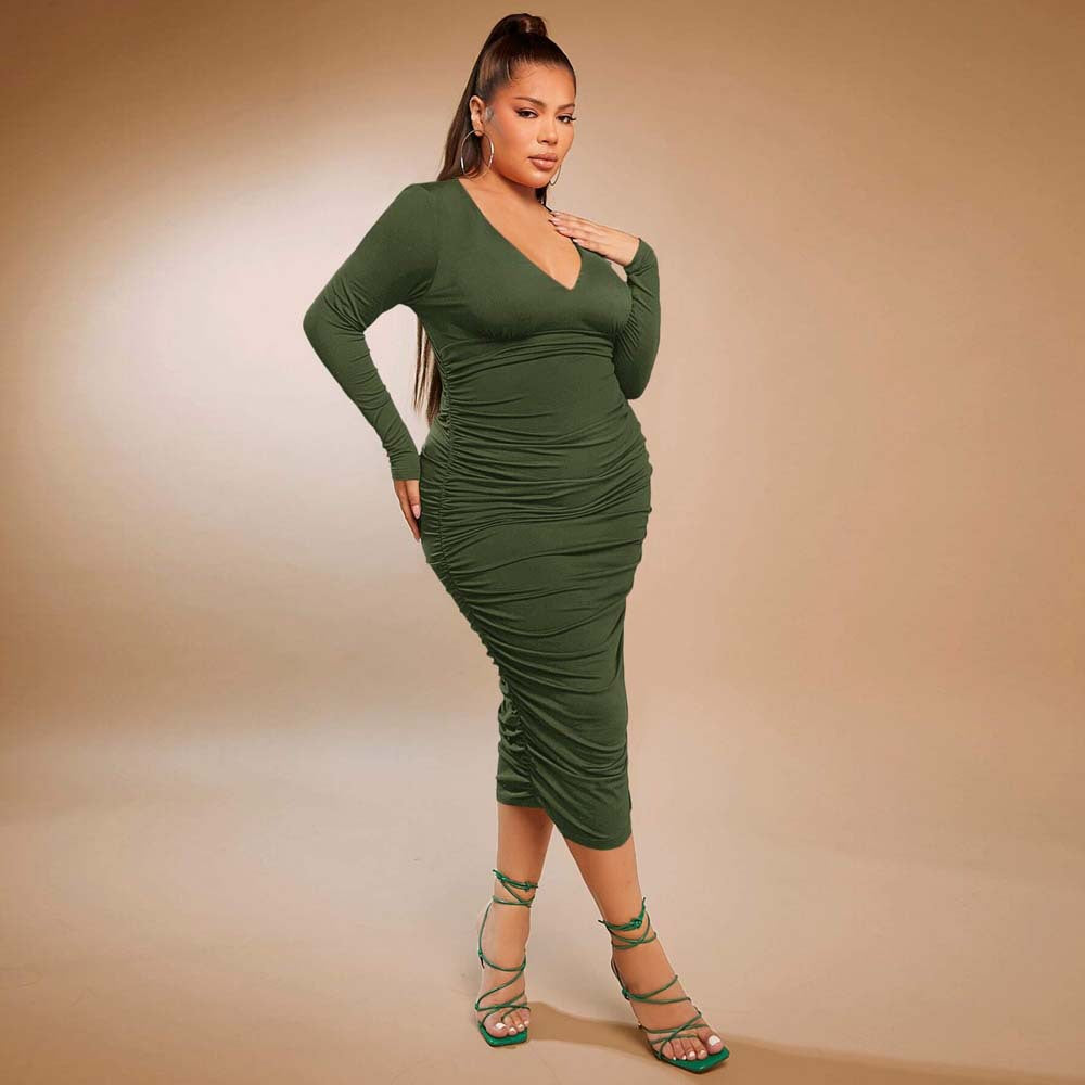 Plus Size Women Clothing Sexy V neck Dress Autumn Winter High Waist Ruched Slim Fit Pencil