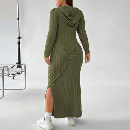 Plus Size Women Clothing Hooded Dress Autumn Winter Simplicity Skinny Sheath Maxi Dress