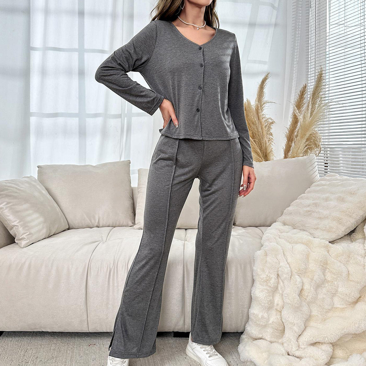 Women Pajamas Autumn Winter Cardigan Long Sleeved Shirt Split Trousers Home Wear Can Be Worn outside