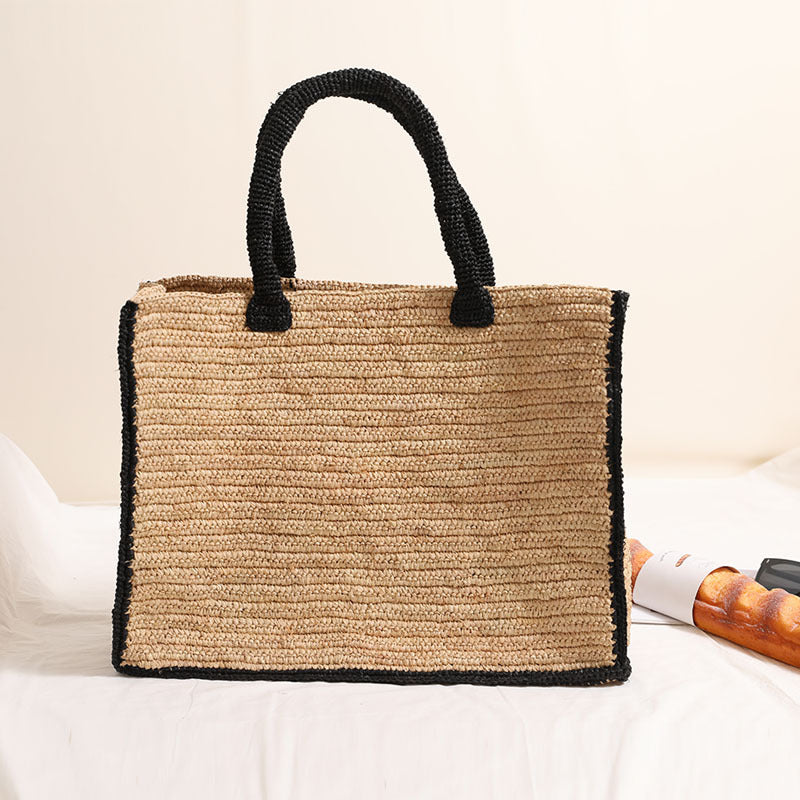 Raffia Square Straw Bag Black Edge Large Capacity Woven Tote Vacation Beach Bag Women Bag