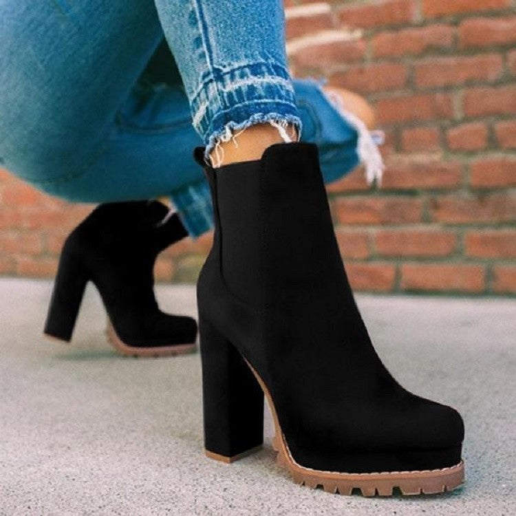 Round Head Leopard Print Chunky Heel Short Knight Boots Women High Heel Elastic Band Sleeve Suede Boots