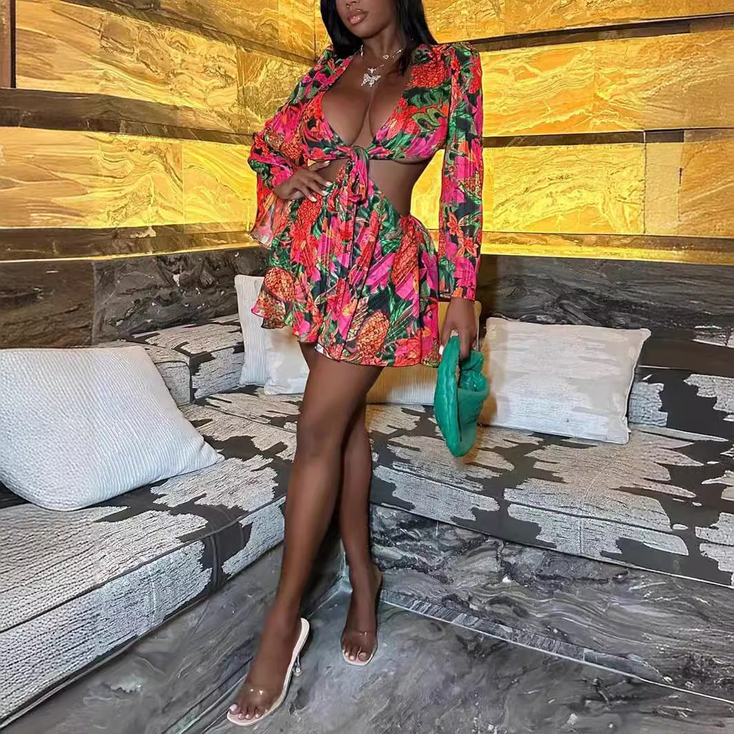 Women Clothing Spring Summer Floral Deep V Plunge Bell Sleeve Belt Dress Skirt Outfit Two Piece Set