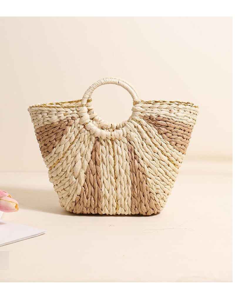 Golden Silk Thread Portable Straw Weaved Bag Large Capacity Tote Vegetable Basket Bag Vacation Beach Bag Hand Carrying Woven Bag