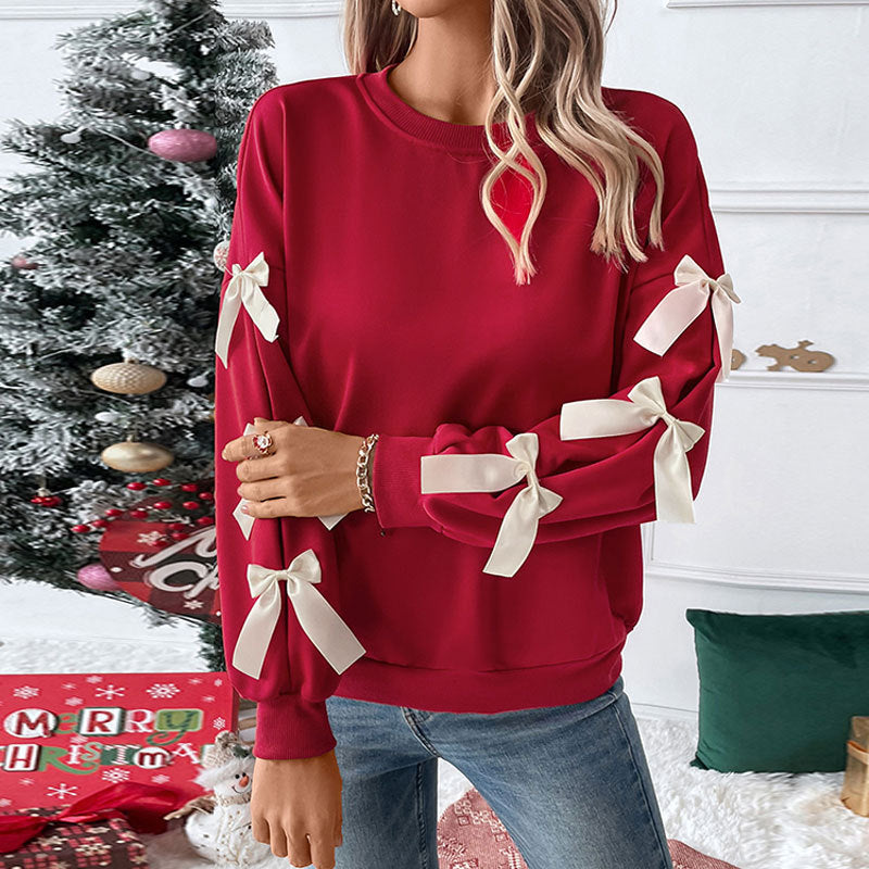 Autumn Winter Top Round Neck Bowknot Red Christmas Sweatshirt for Women