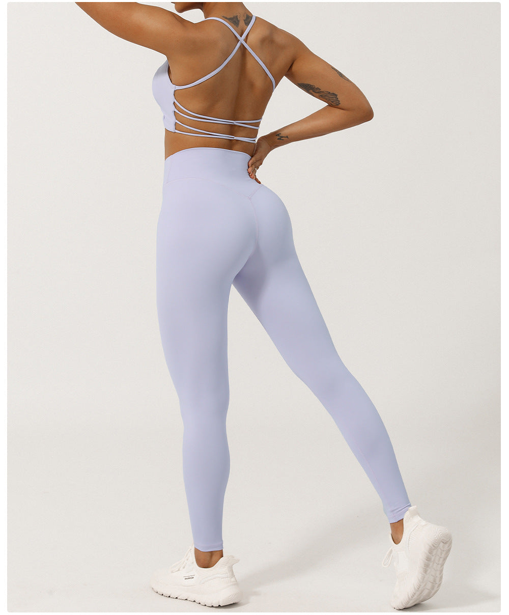 Nude Feel Wrinkle Yoga Suit Beauty Back Push Up Workout Bra Hip Lifting Sport Leggings Two Piece Set