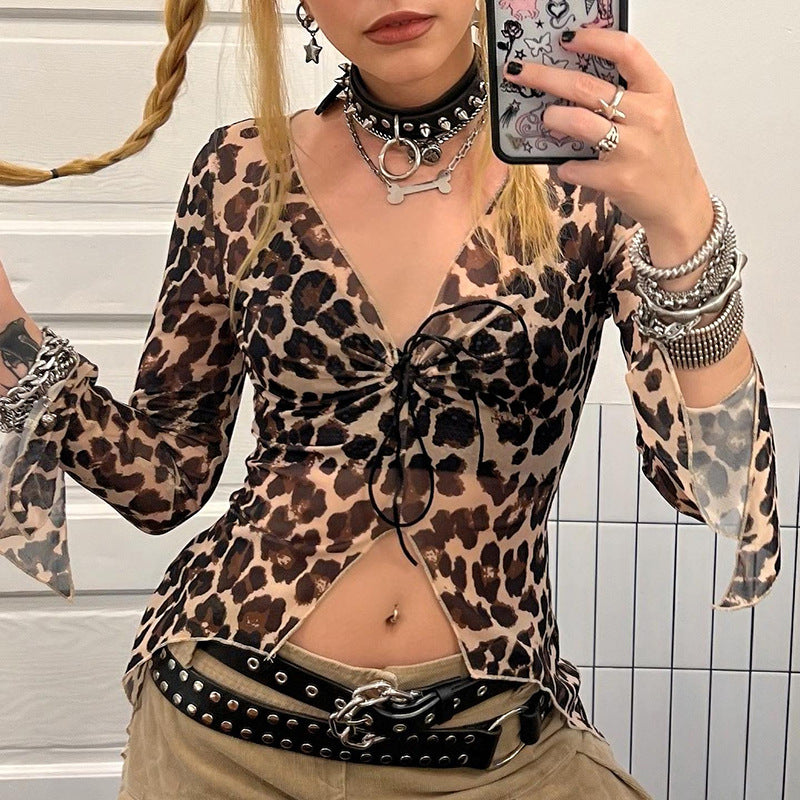 Autumn Sexy Leopard Print Irregular Asymmetric Cropped Long Sleeve T shirt