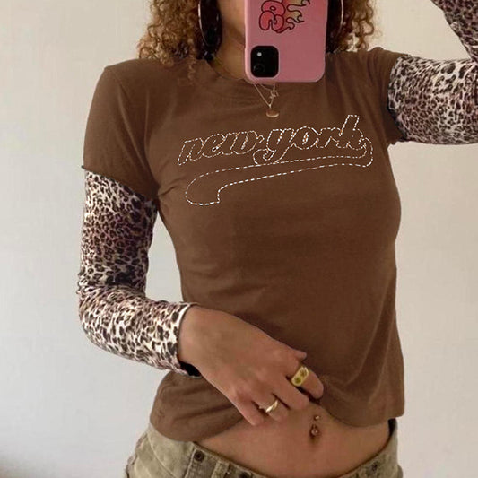 Leopard Splicing Faux Two Piece Top Street Slim Fit Long Sleeved T shirt Women