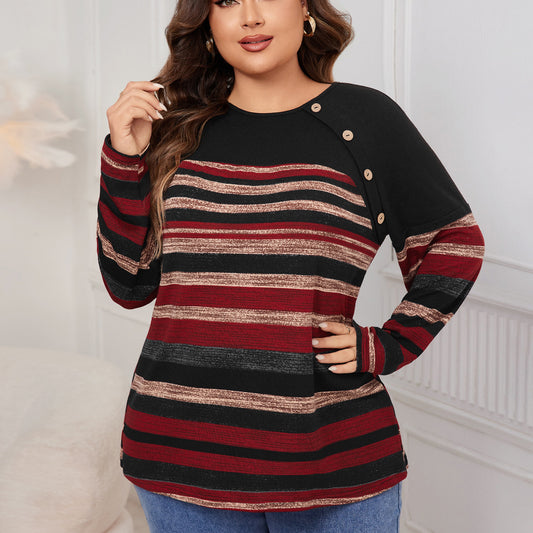 Plus Size Striped Long Sleeved Shirt Women Popular Round Neck Shirt Plump Girls Loose Top