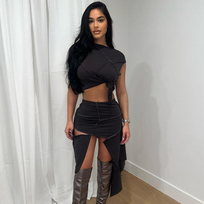 Women Clothing Summer Beggar Dress Cropped Exposed Irregular Asymmetric Trend Sexy Two Piece Set