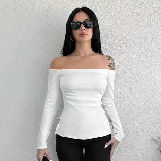 Off Shoulder Solid Color Pleated Slim Fit Slimming T shirt Top Women