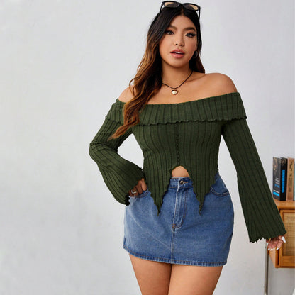 Plus Size Women Clothes Sexy Off Shoulder Off Shoulder Irregular Asymmetric Short Long Sleeve Top