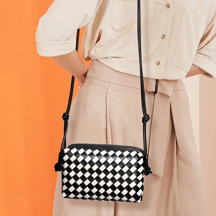 Hand Woven Bag Simple Trendy One Shoulder Crossbody Women Bag Black White Chessboard Plaid Small Square Bag