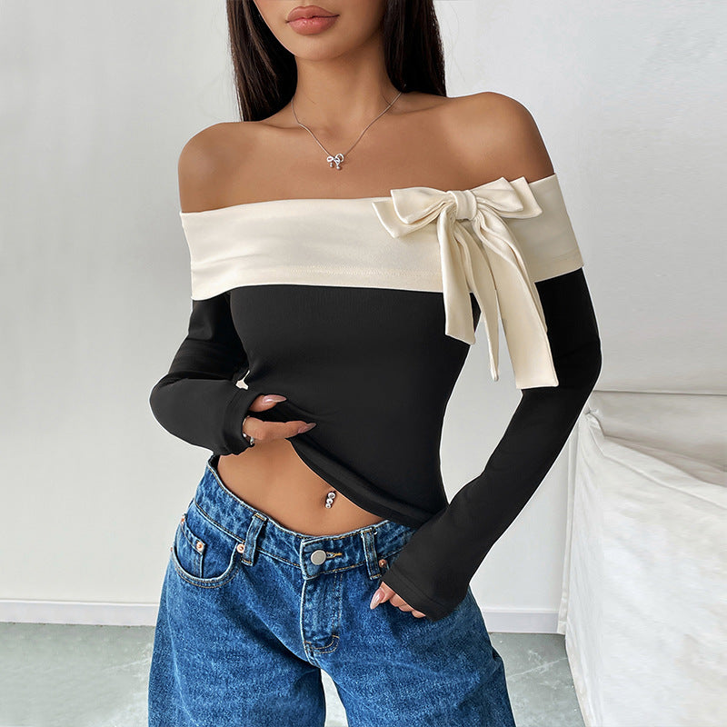 Women Short Top Long Sleeve off Shoulder Bow T shirt