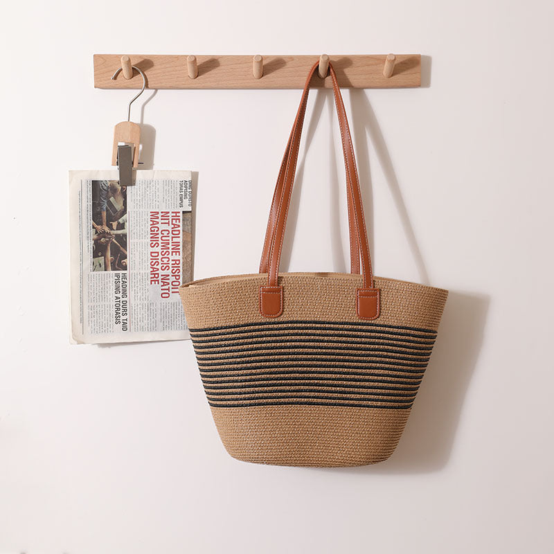 Striped Shoulder Straw Bag Woven Bag Summer Large Capacity Casual All Match Women Seaside Beach Rattan Woven Bag