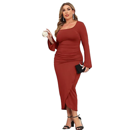 Plus Size Women Clothing Elegant Lady of Note Dress Autumn Winter Square Collar Slimming Evening Dress Sheath Dress