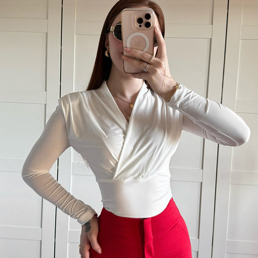 Women Clothing Cross Collar Slim Fit Long Sleeve Elegant Simple Pleated Short Top