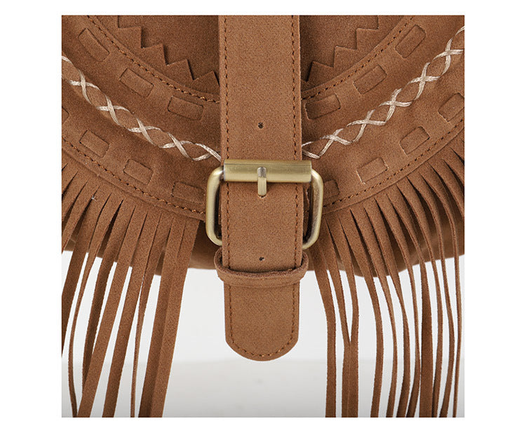 Double Sided Suede Handmade Large Capacity Tassel Bag Women Retro Khaki Ethnic Messenger Bag