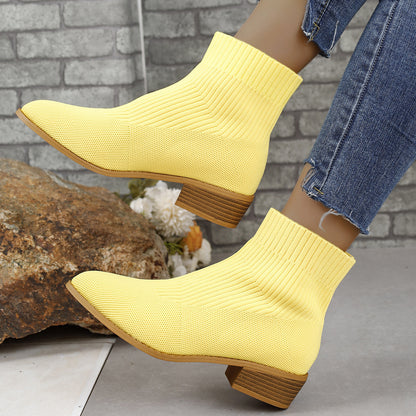 Pointed Toe Short Tube Martin Boots Women Sleeve Chunky Heel Mid Heel Mesh Breathable Socks Boots