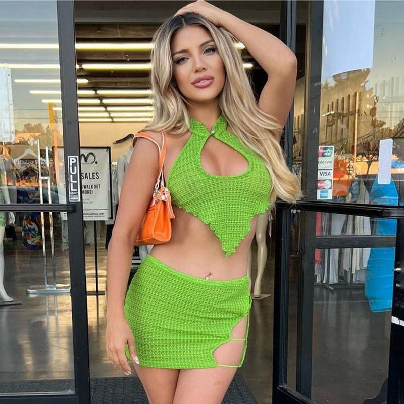 Women Clothing Summer Sleeveless Sexy Wrapped Chest Hollow Out Cutout out Mid Length Skirt Set