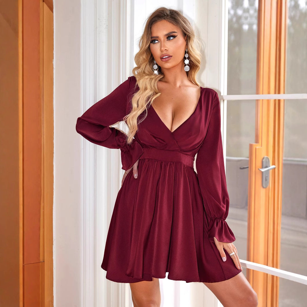 Women Deep V Plunge neck Dress Wedding Guest Casual Pleated Long Sleeve Lace up Backless Dress