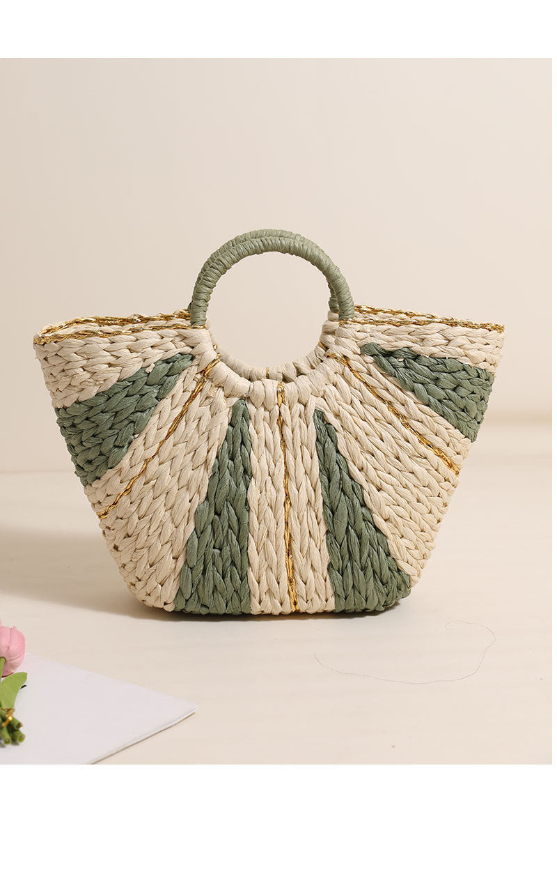 Golden Silk Thread Portable Straw Weaved Bag Large Capacity Tote Vegetable Basket Bag Vacation Beach Bag Hand Carrying Woven Bag