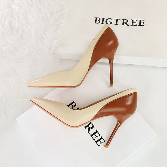 Retro High Heels Stiletto Heel Cocktail Women Shoes Shallow Mouth Pointed Toe Colorblock Spring Autumn Super High Heel Shoes