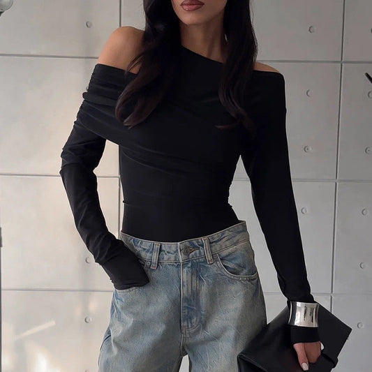 Women Clothing Autumn Irregular Asymmetric with Personality Oblique Shoulder Pleated Slim T shirt Top