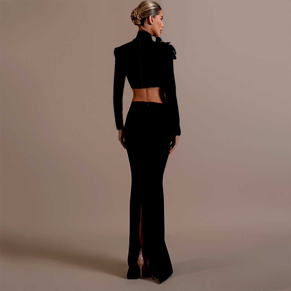 Diamond Bandage Skirt Set Long Sleeve Half Turtleneck Short Top Long Skirt Two Piece Set for Women