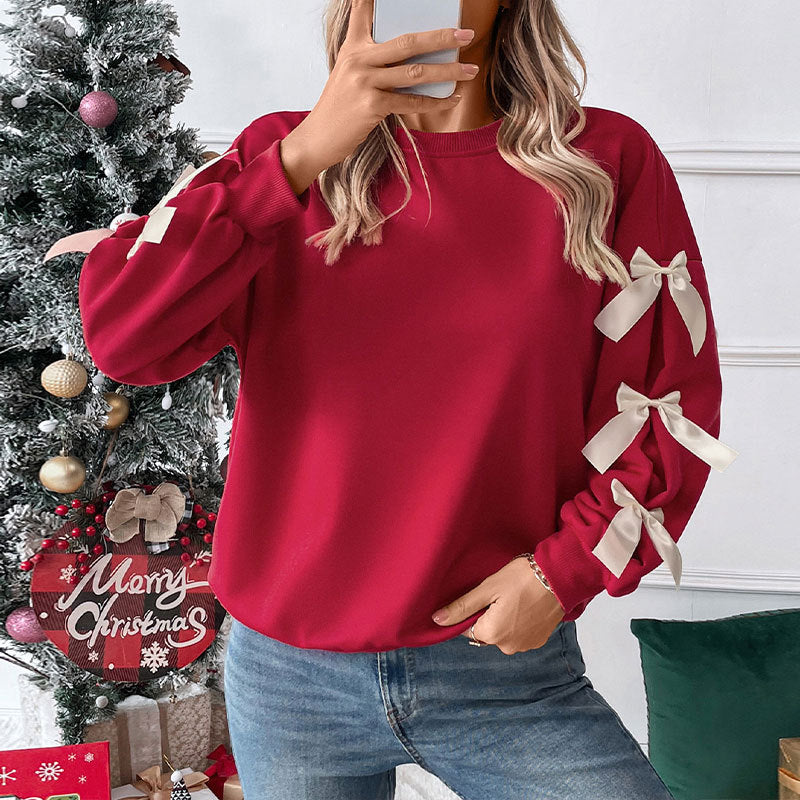 Autumn Winter Top Round Neck Bowknot Red Christmas Sweatshirt for Women