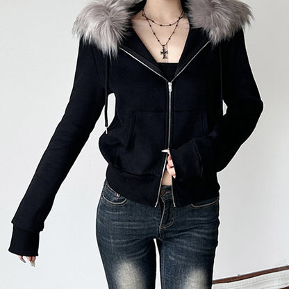 Street Retro Hooded Furry Splicing Coat Winter Slim Fit Warm Double Headed Zipper Cardigan Sweatshirt