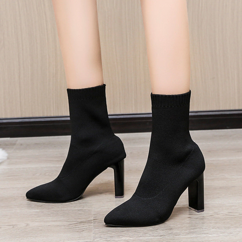 Pointed Flying Woven Stretch Thin Boots Women Fall High Heel Mid Calf Short Boots