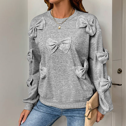 Casual Autumn Bow Stitching Gray round Collar Sweatshirt