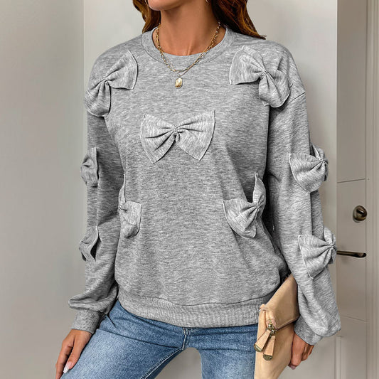 Casual Autumn Bow Stitching Gray round Collar Sweatshirt